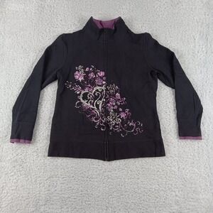 Active Womens Black Purple Floral Heart Glitter Zip Up Track Jacket Medium